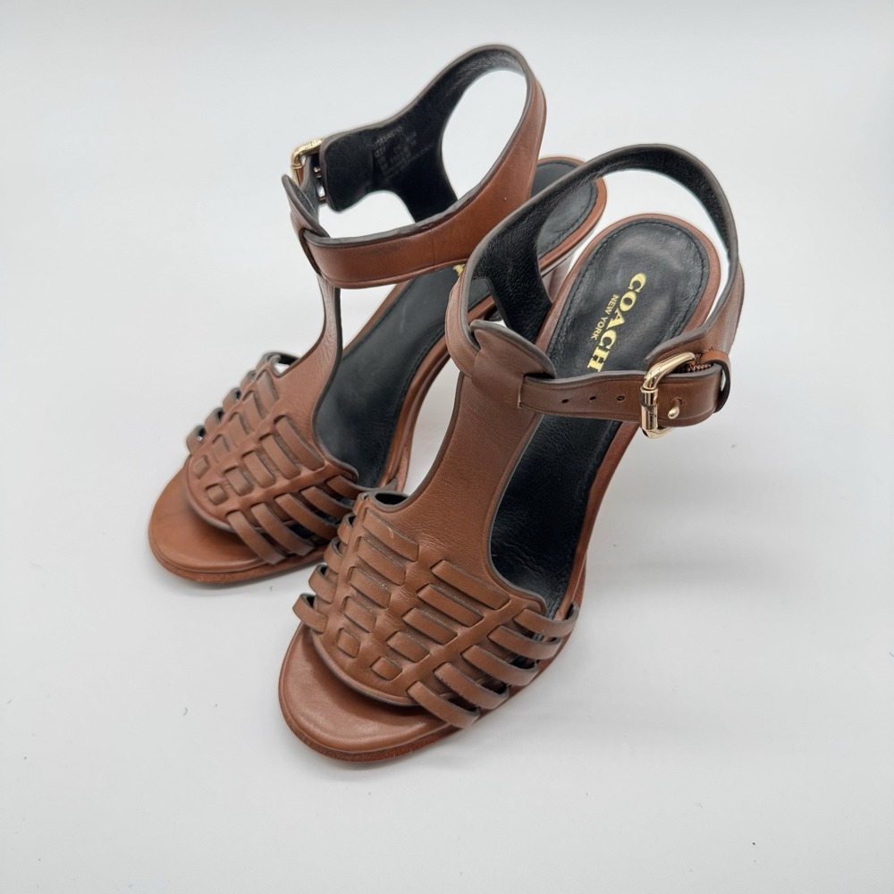 Coach Womens 6B Brown Leather Woven Strappy Sandals 3.5" High Heel Gold Buckle